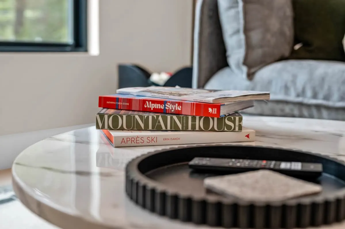Coffee-table books on a marble table