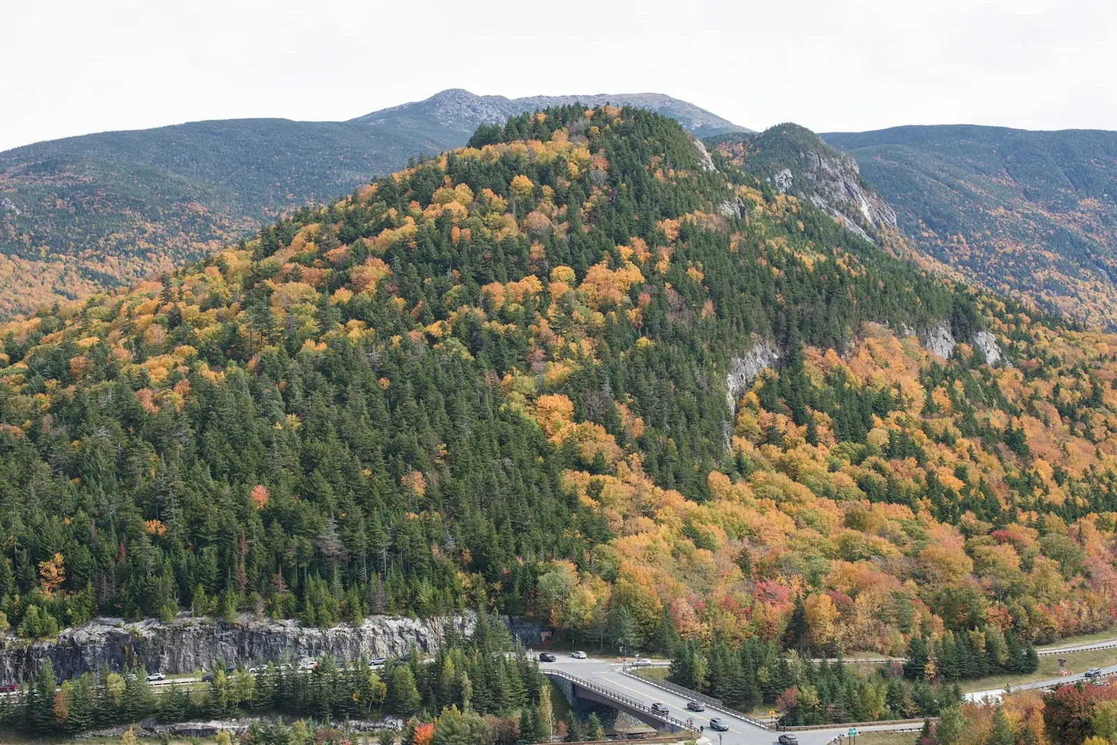 Mountain road below a foliage-covered peak