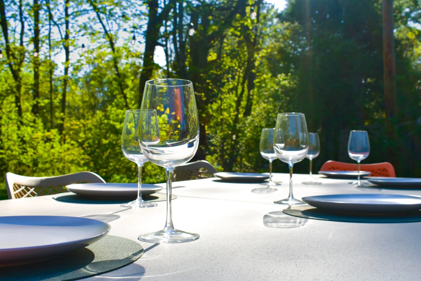 Outdoor dining table set with wine glasses under the trees