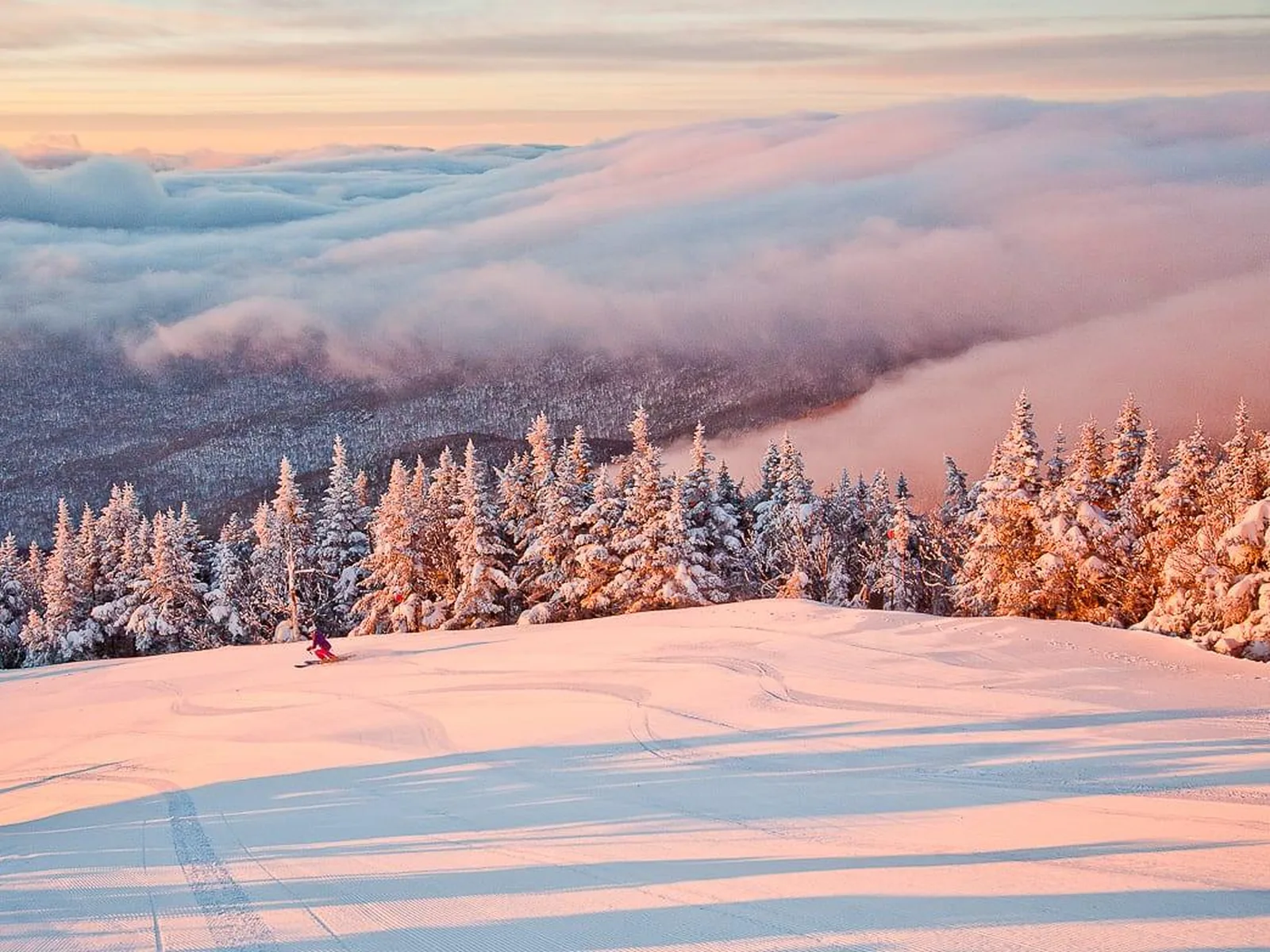 Skier carving fresh snow at sunrise above the clouds in Vermont